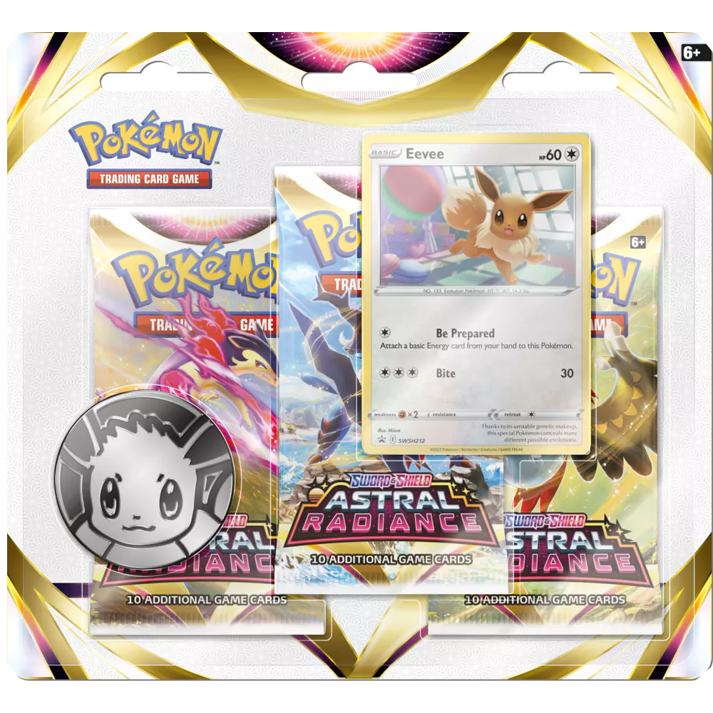 Pokémon Astral Radiance Eevee 3-Pack Blister met Eevee munt, Eevee promo kaart en 3 Pokémon boosterpacks vol Astral Radiance kaarten zoals Palkia en Dialga