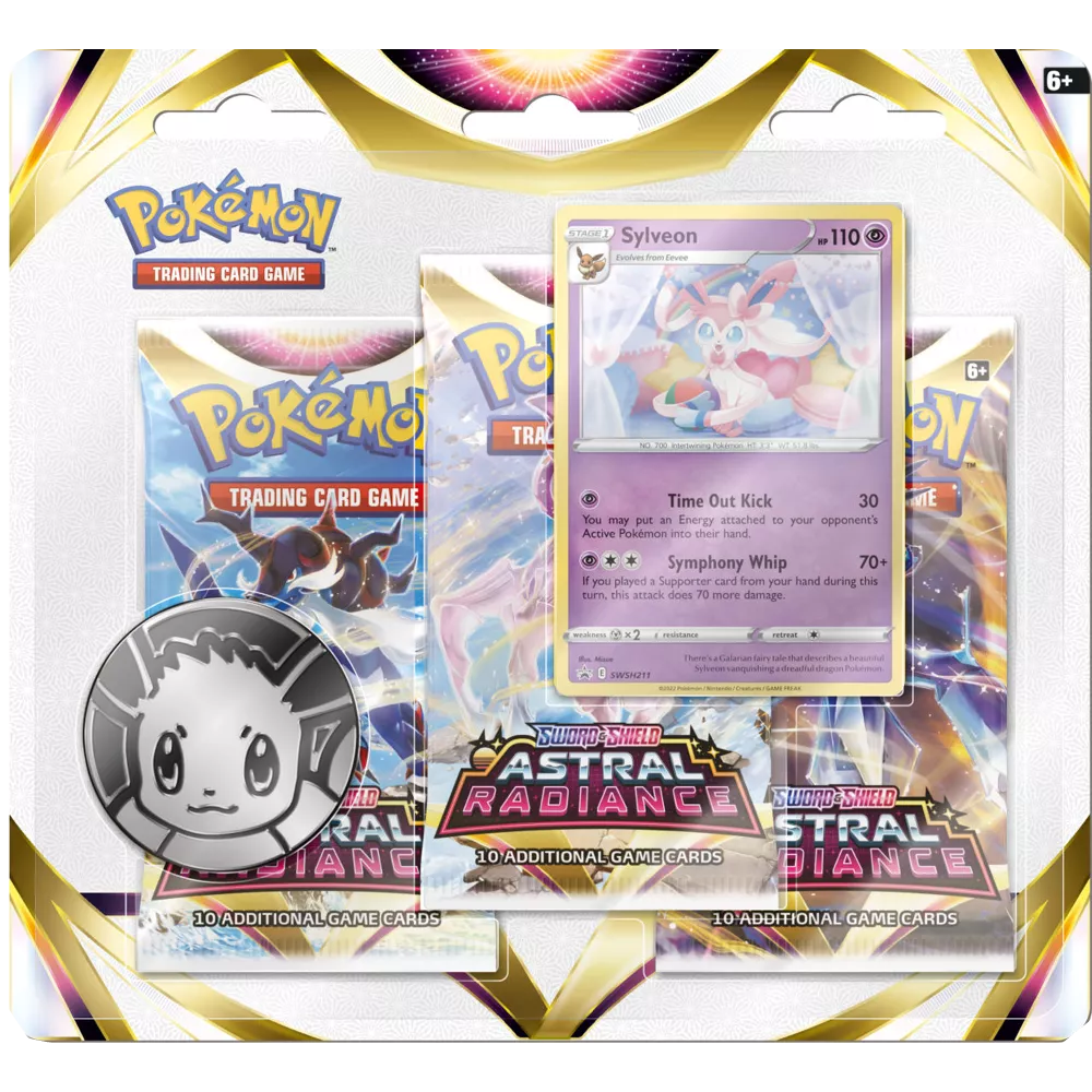 Pokémon Astral Radiance Sylveon 3-Pack Blister met Eevee munt, Sylveon promo kaart en 3 Pokémon boosterpacks vol Astral Radiance kaarten zoals Palkia en Dialga