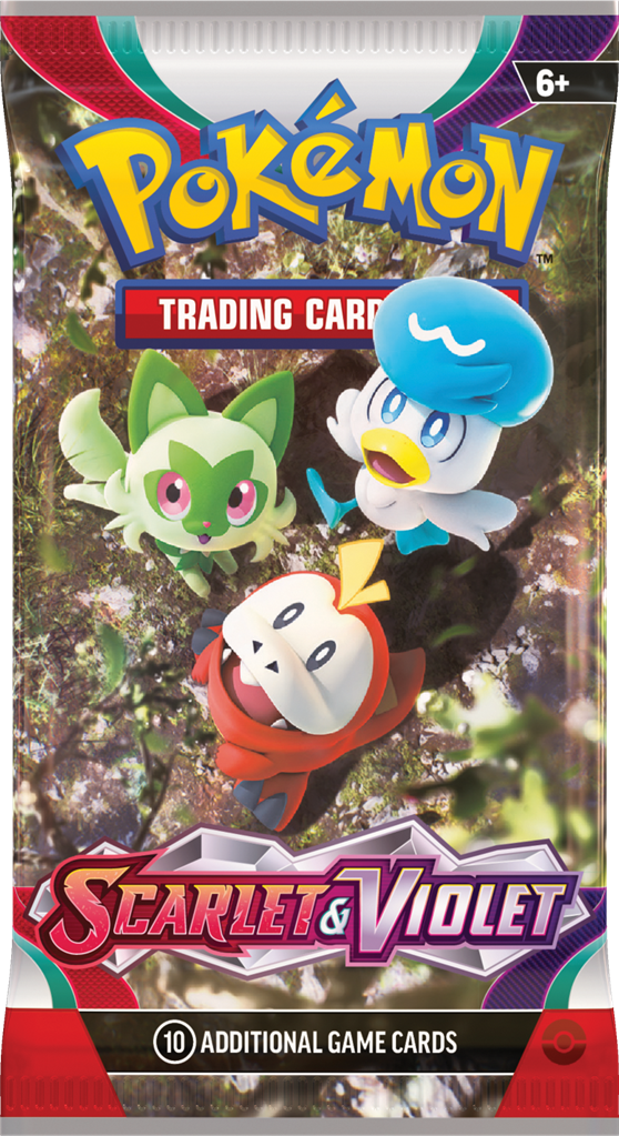 Pokémon Scarlet and Violet Base Set boosterpack met Koraidon, Miraidon en starter Pokémon kaarten.