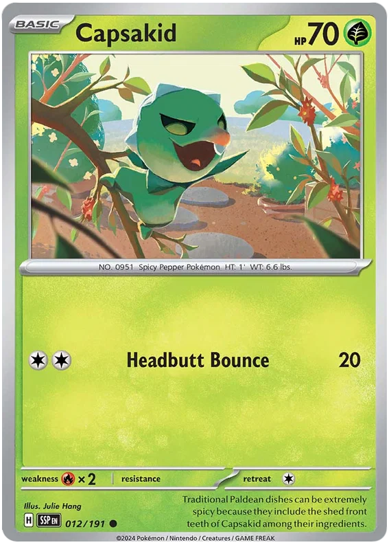 Pokemon kaart Capsakid common uit de Surging Sparks set, kaartnummer 012