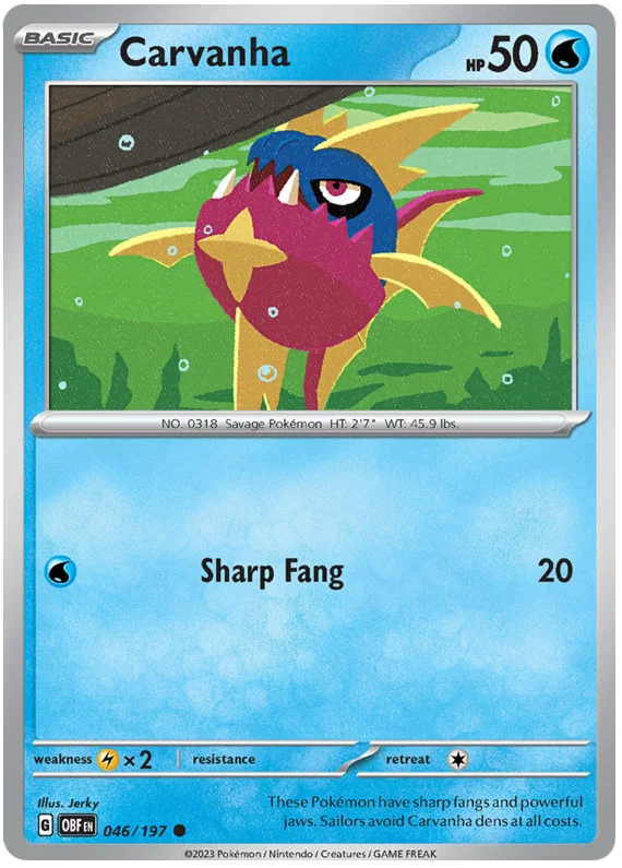 Pokémon Carvanha common kaart #046 uit de Obsidian Flames set
