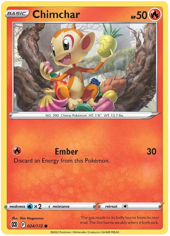 Pokémon Chimchar 024/172 common kaart uit de Brilliant Stars set met Ember aanval