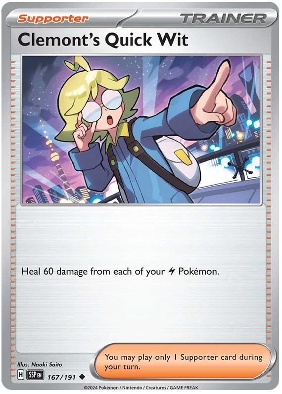 Clemont's Quick Wit Pokémon kaart nummer 167 uit de Surging Sparks set