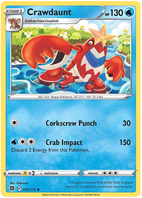 Pokémon Crawdaunt 033/172 Brilliant Stars kaart met Corkscrew Punch en Crab Impact aanval