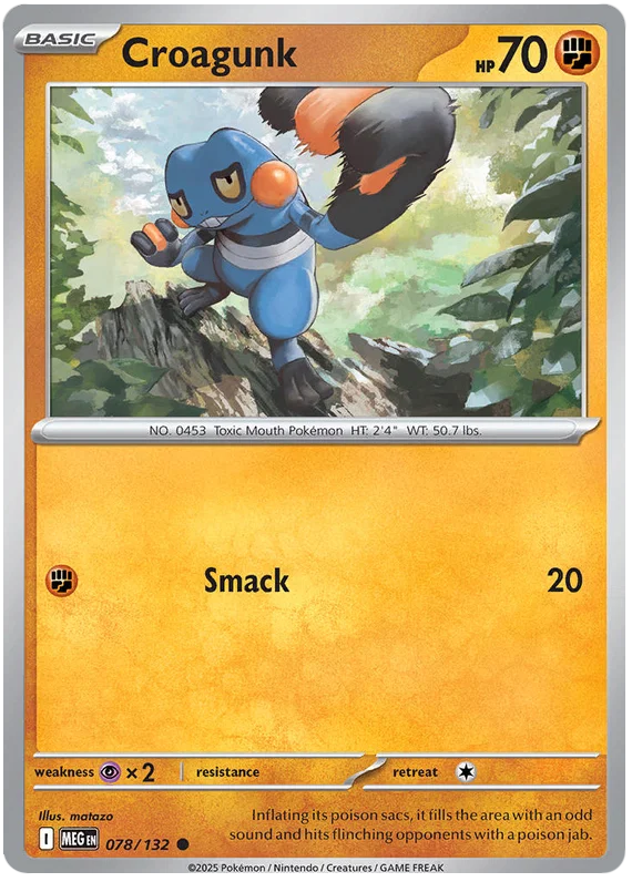 Pokémon kaart Croagunk common uit de Mega Evolution set, kaartnummer 078