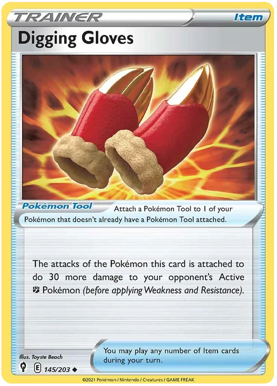 Digging Gloves Pokémon Tool kaart uit Evolving Skies, nummer 145/203