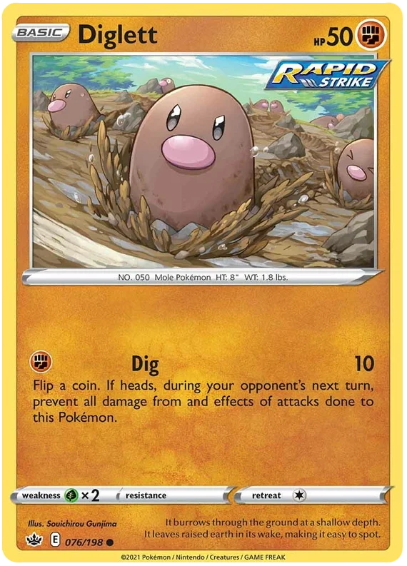 Diglett common kaart 076/198 uit de Pokémon Chilling Reign set met Rapid Strike symbool
