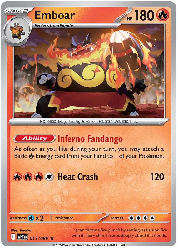 Pokémon Emboar Holo kaart nummer 013 uit de White Flare set