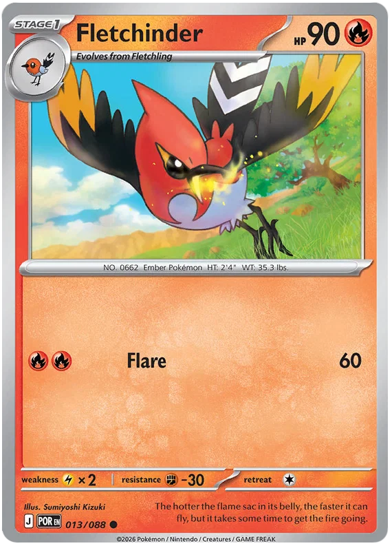 Fletchinder common kaart nummer 013 uit de Pokémon set Perfect Order