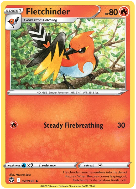 Fletchinder #028 common kaart uit de Pokémon Silver Tempest set
