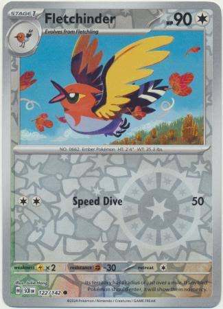 Fletchinder Reverse Holo pokemonkaart nummer 122 uit de Stellar Crown set
