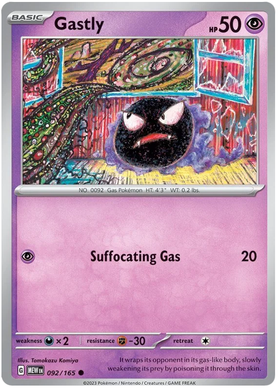 Gastly common kaart #092 uit de Pokémon 151 set met paarse gasachtergrond