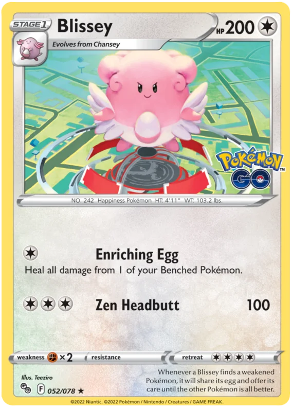 Blissey holo kaart uit de Pokemon GO set, kaartnummer 052/078 met 200 HP