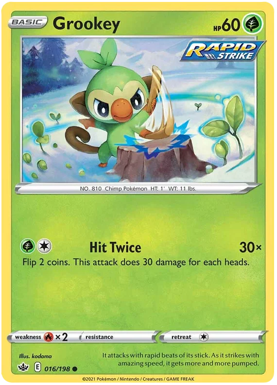 Grookey common kaart nummer 016/198 uit de Pokémon Chilling Reign set met Rapid Strike symbool