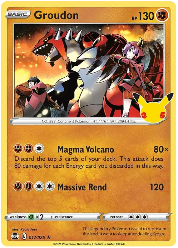 Groudon holo Pokémon kaart 017/025 uit de Celebrations set met 25-jaar Pikachu logo