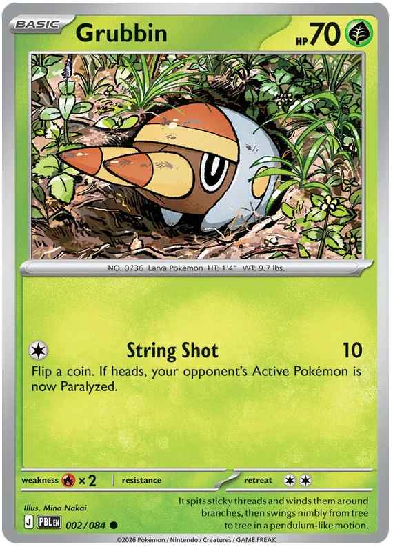 Pokémon kaart Grubbin common uit de Pitch Black set, kaartnummer 002