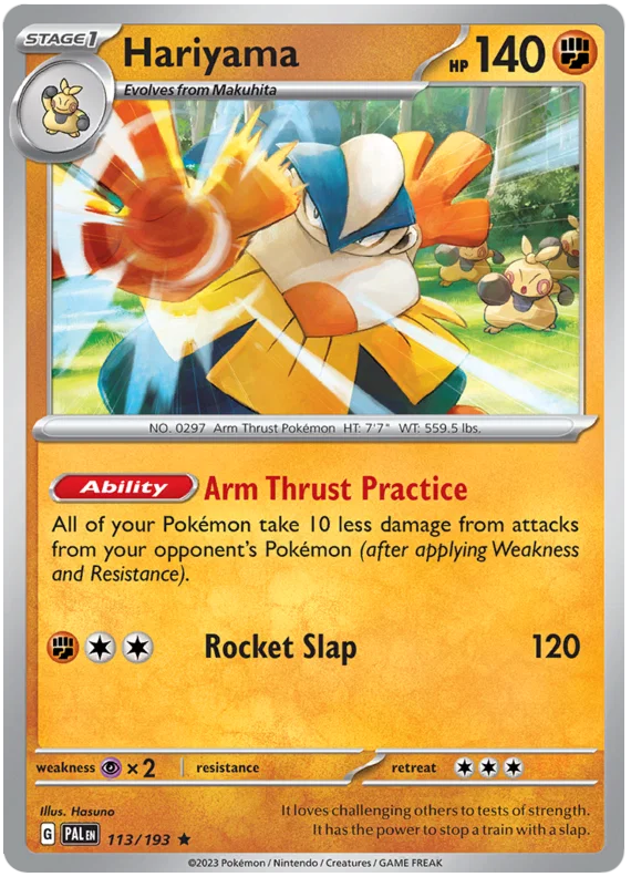 Hariyama holo kaart nummer 113 uit de Pokémon set Paldea Evolved