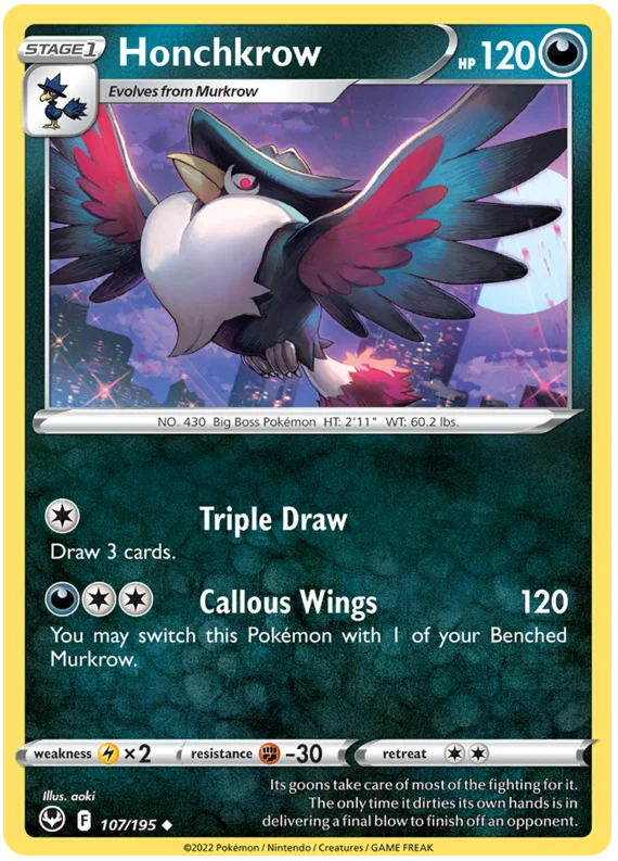 Honchkrow common Pokémon kaart nummer 107 uit Silver Tempest set