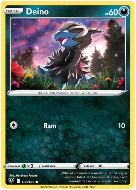 Voorkant van de Deino 108/189 Common Darkness Pokémon-kaart uit de Darkness Ablaze set.