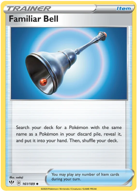 Voorkant van de Familiar Bell 161/189 Uncommon Trainer Item Pokémon-kaart uit de Darkness Ablaze set.