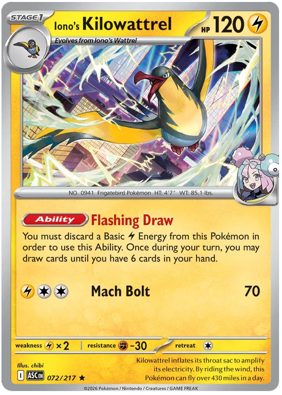 Pokemon kaart Iono's Kilowattrel Holo uit de set Ascended Heroes, kaartnummer 072