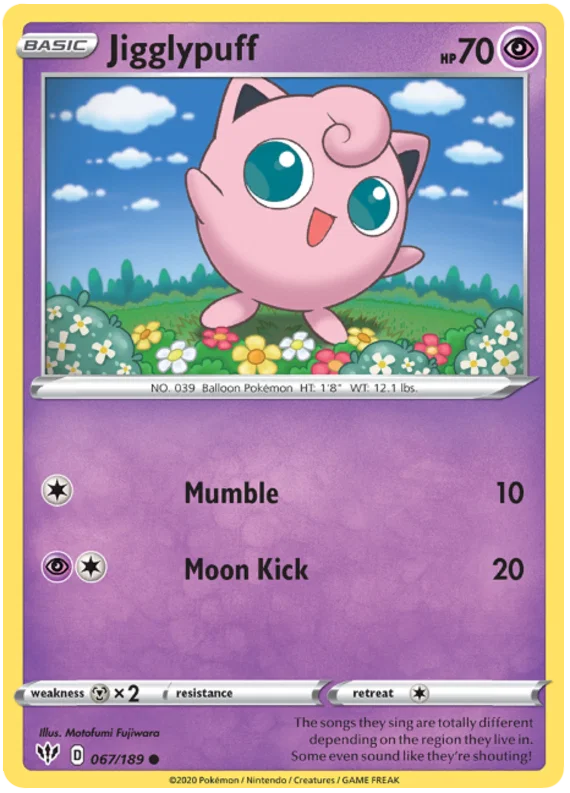 Voorkant van de Jigglypuff 067/189 Common Psychic Pokémon-kaart uit de Darkness Ablaze set.