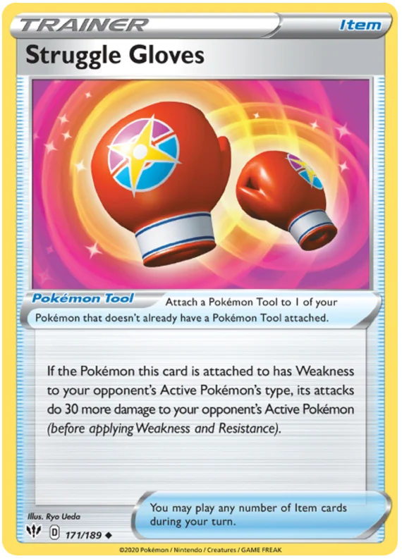Voorkant van de Struggle Gloves 171/189 Uncommon Trainer Pokémon Tool kaart uit de Darkness Ablaze set.