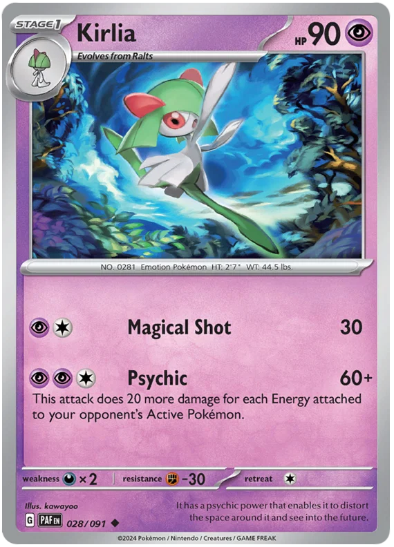 Kirlia common kaart #028 uit de Pokémon Paldean Fates set