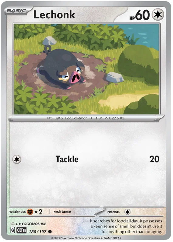 Lechonk common kaart #180 uit de Pokémon Obsidian Flames set