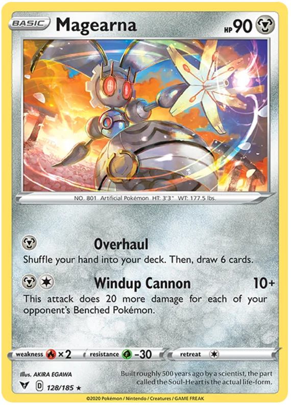 Magearna common kaart #128/185 uit de Pokémon Vivid Voltage set met Overhaul en Windup Cannon aanvallen