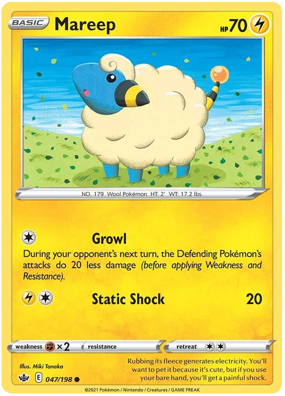 Mareep common Pokemon kaart nummer 047/198 uit de Chilling Reign set met Growl en Static Shock aanval