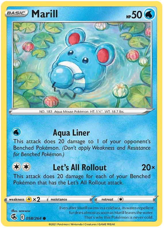 Marill common Pokémon kaart #058/264 uit de Fusion Strike set met Aqua Liner en Let's All Rollout aanvallen