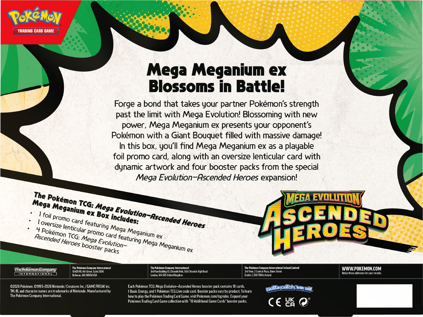 Achterzijde van de Mega Meganium-EX box met gedetailleerde informatie over de set en de inbegrepen accessoires.