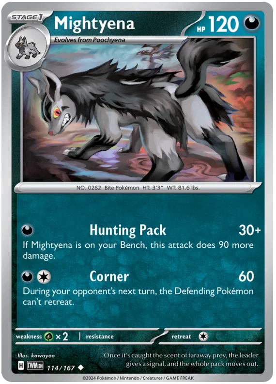 Mightyena #114 common Pokémon kaart uit de Twilight Masquerade set
