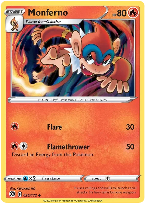 Monferno #025/172 Pokémon kaart uit de Brilliant Stars set met Flare en Flamethrower aanval