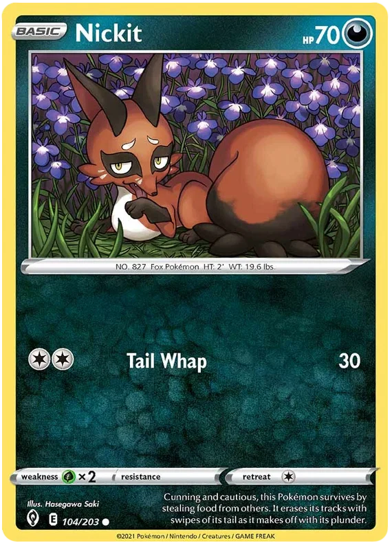 Nickit 104/203 common kaart uit Pokémon Evolving Skies met Tail Whap aanval