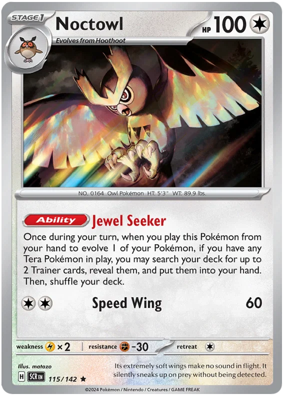 Pokémon Noctowl Holo #115 Stellar Crown kaart met holografische afwerking