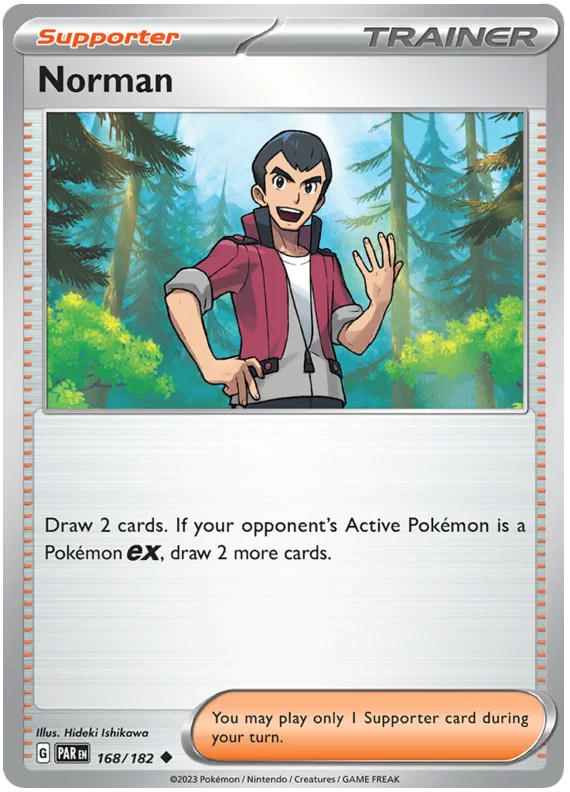 Norman common trainerkaart nummer 168 uit de Pokémon Paradox Rift set