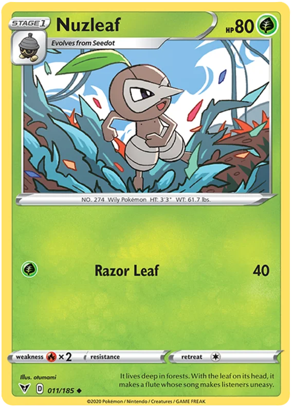 Pokémon Nuzleaf common kaart 011/185 uit de Vivid Voltage set met Razor Leaf aanval
