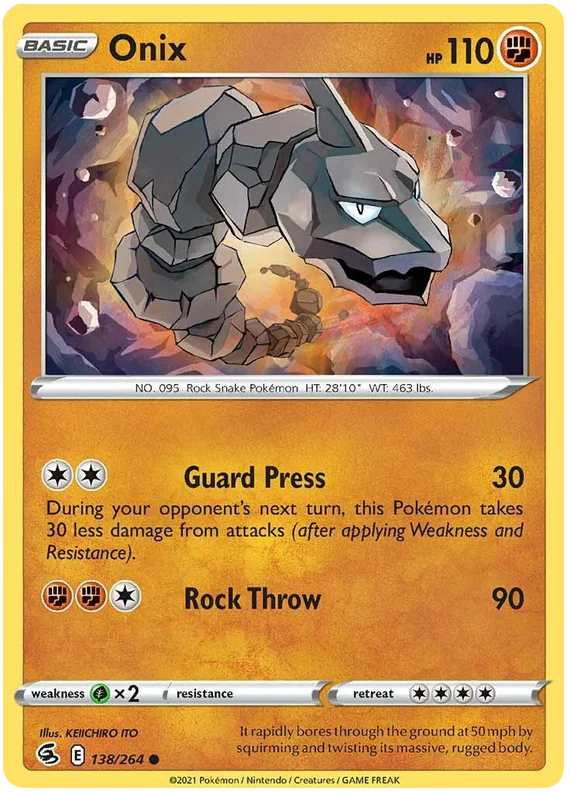 Pokémon Onix common kaart 138/264 uit de Fusion Strike set met Guard Press en Rock Throw