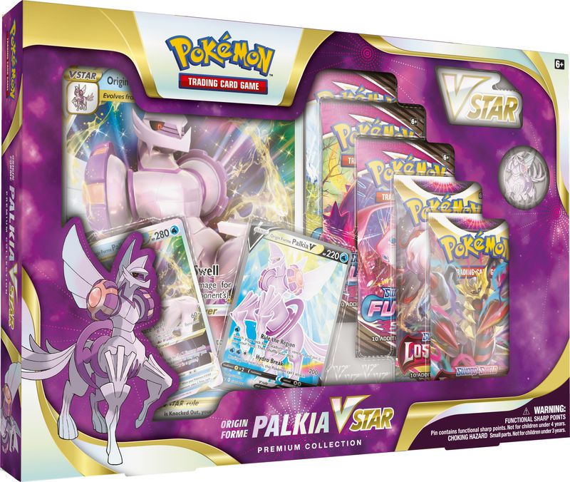Origin Forme Palkia VSTAR Premium Collection met promokaarten, pin, munt en 6 Pokémon boosterpacks.