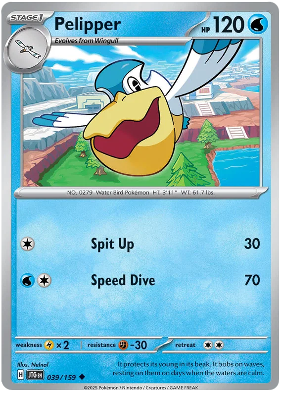 Pelipper common kaart nummer 039 uit de Pokémon Journey Together set