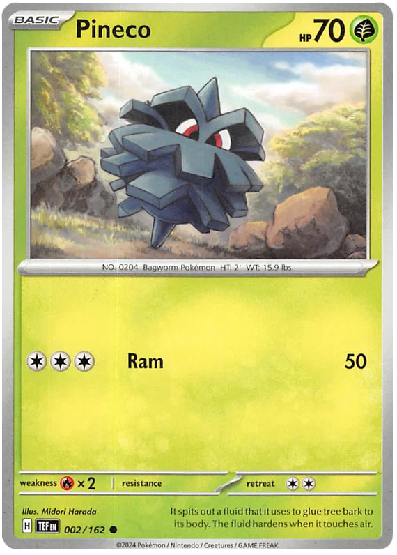 Pineco common kaart #002 uit de Pokémon Temporal Forces set