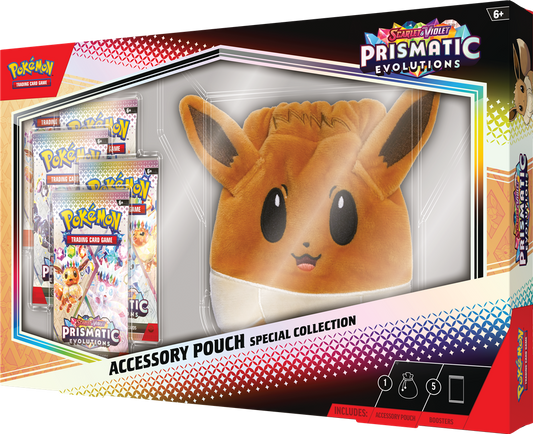 Pokémon Prismatic Evolutions Eevee pouch met oortjes en 5 booster packs vol Pokémon kaarten en Eeveelutions.
