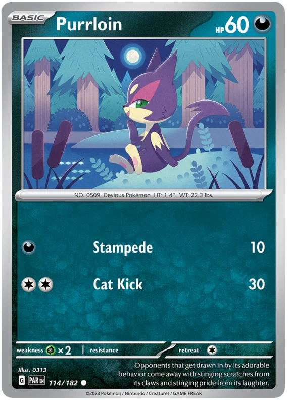 Pokémon Purrloin #114 common kaart uit de Paradox Rift set