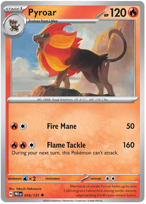 Pyroar common kaart #016 uit de Pokémon Prismatic Evolutions set