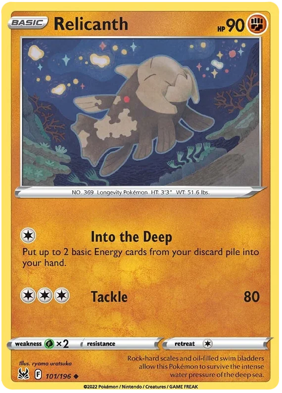 Relicanth Pokémon kaart nummer 101/196 uit de Lost Origin set, common rarity met Fighting-type aanvallen