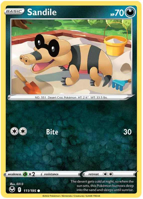 Sandile common kaart nummer 111 uit de Pokemon Silver Tempest set