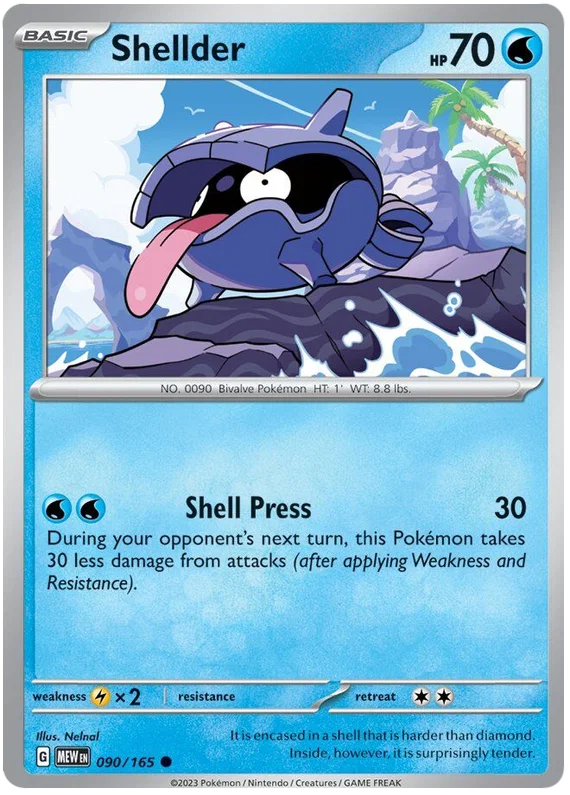 Shellder common kaart nummer 090 uit de Pokémon 151 set