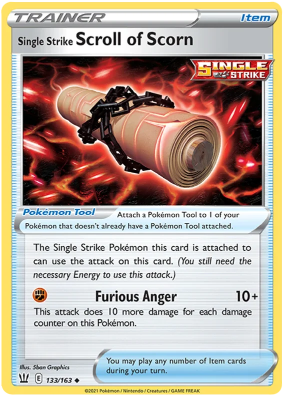 Single Strike Scroll of Scorn trainerkaart uit de Pokémon Battle Styles set, common item kaart nummer 133/163